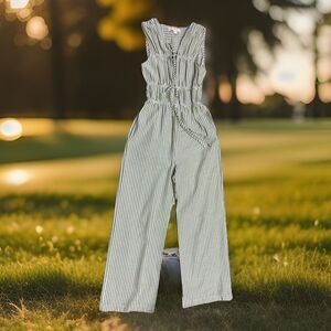 Monteau Los Angeles Green Striped Linen Blend Casual Jumpsuit Sz S Pockets